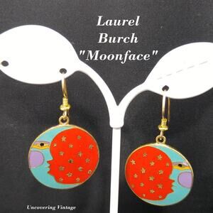 Laurel Burch Moonface Cloisonné Enamel Earrings Gold Filled 80s